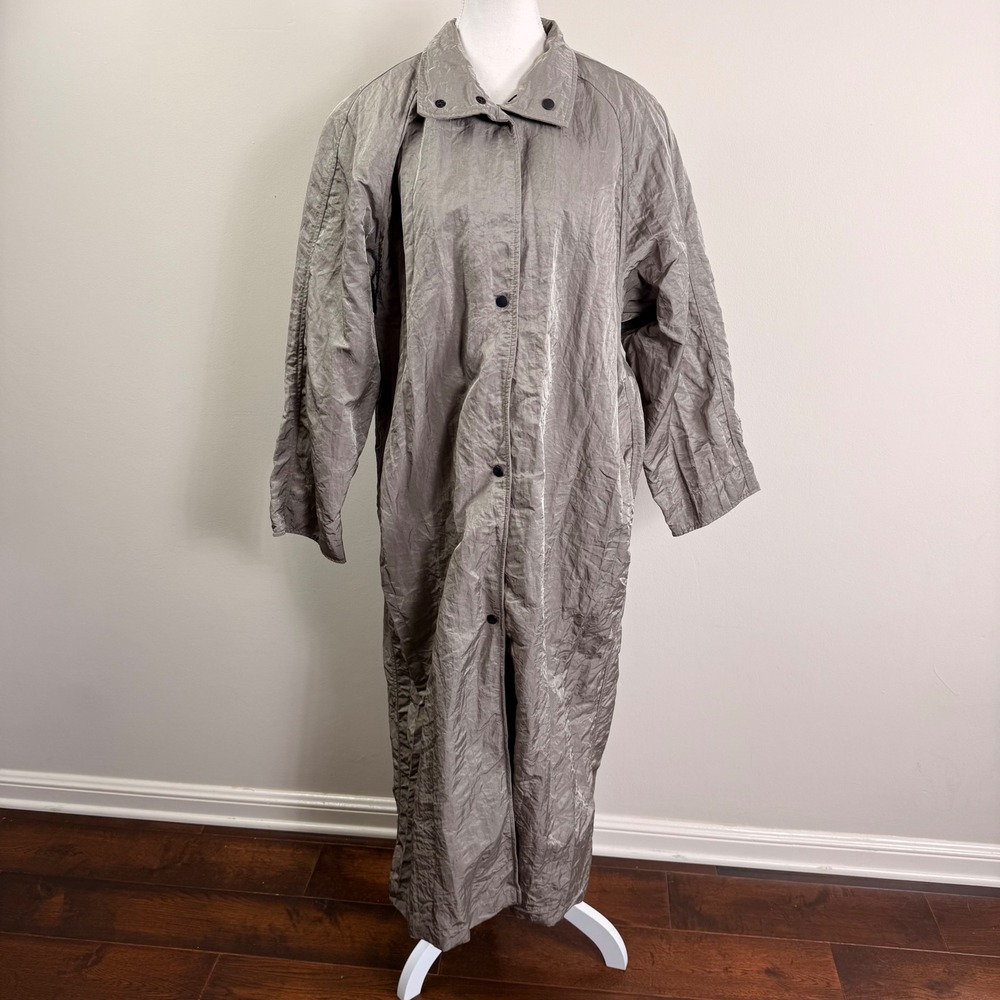 Vintage Shiny Longline Trench Coat Oversized Duster Maxi Raincoat Sage Grey Lrg
